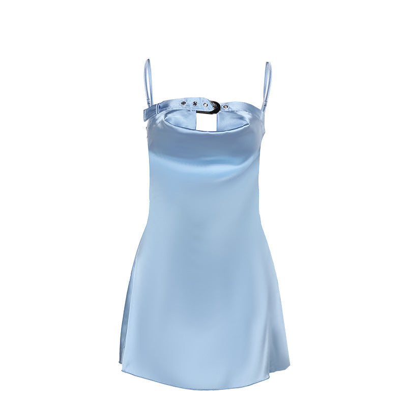 Damen elegantes Satin-Kleid mit verstellbaren Trägern und exklusivem Ausschnitt Drune
