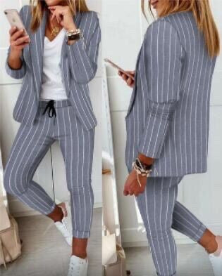 Zweiteiliges Set für Damen: Hosenanzug mit Muster, bestehend aus einem langärmeligen Blazer (offene Front, taillierter Schnitt) und einer unifarbenen langen Hose – ideal fürs Büro – DRUNE