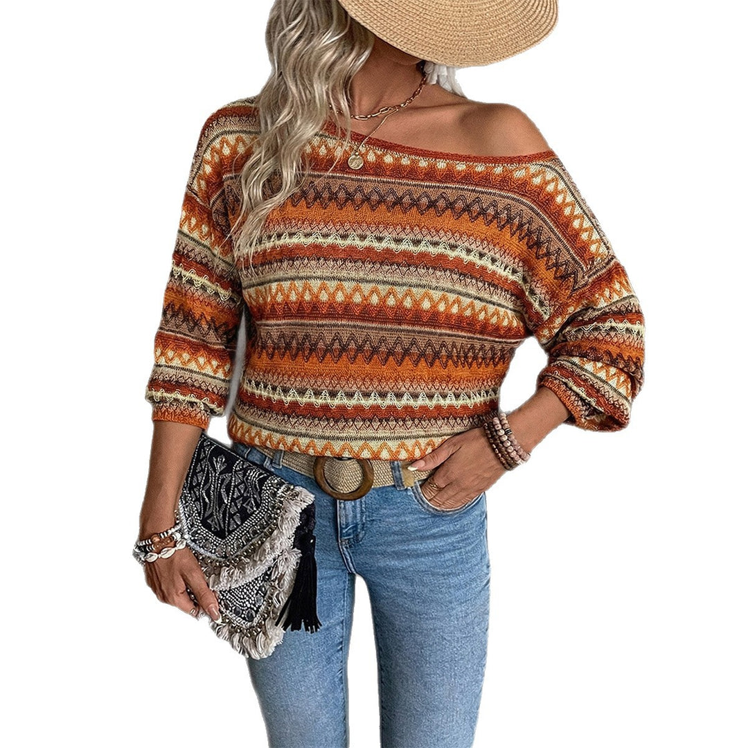 Damen nan Oversize Strickpullover mit asymmetrischem Schulterauschnitt und Norwegermuster Drune