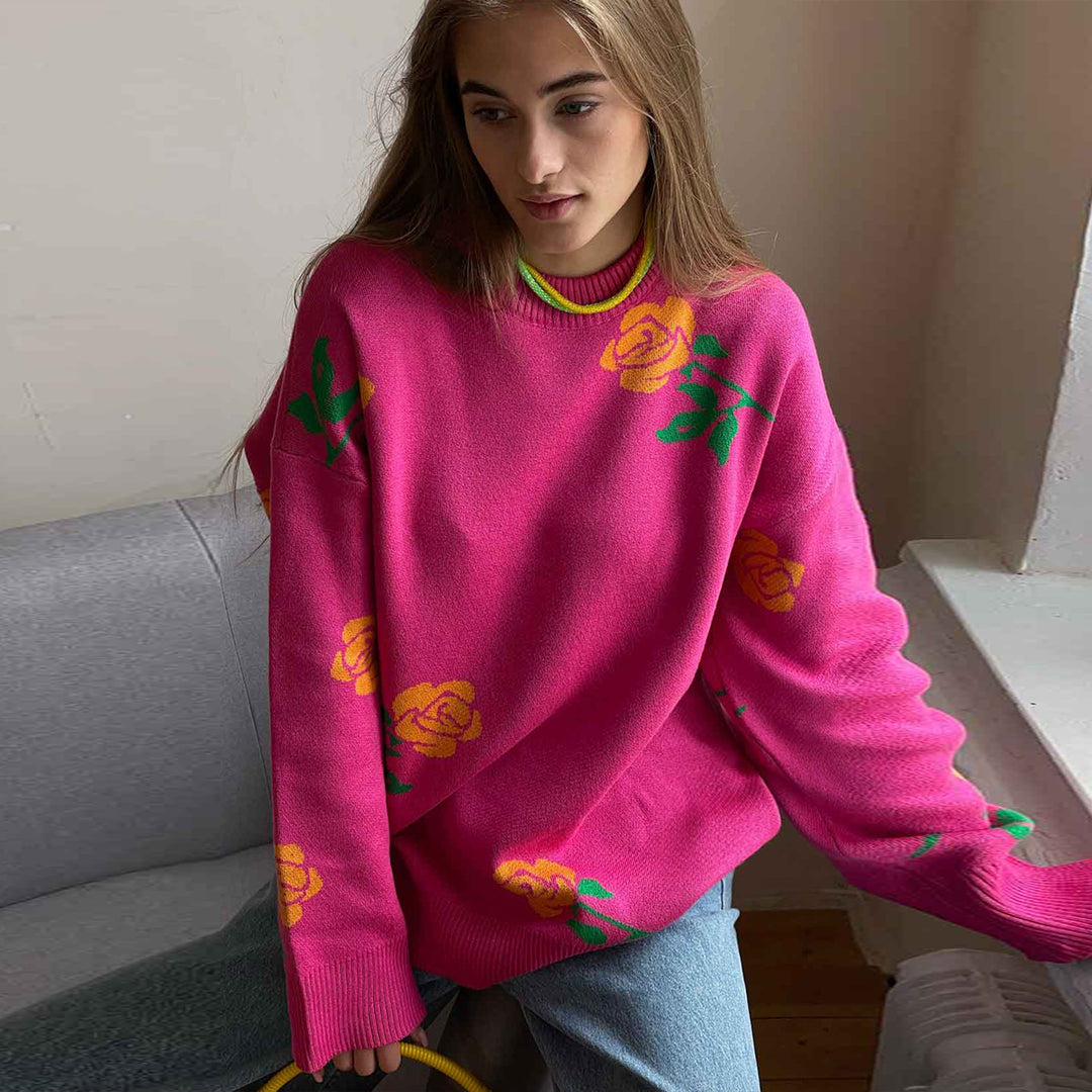 Damen Strickpullover mit floralem Muster Drune