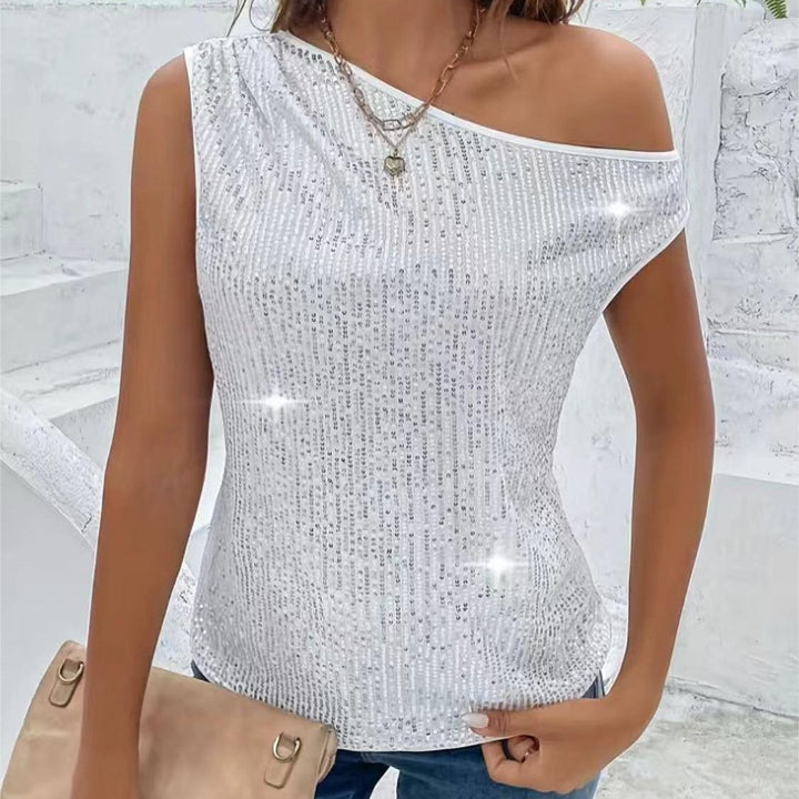 Damen Glitzerndes One-Shoulder Oberteil mit feinen Strassdetails Drune