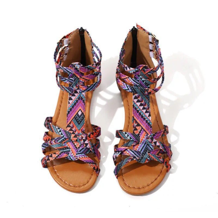 Damen Boho-Sandalen mit verstellbaren Knöchelriemen und Ethno‑Print Drune