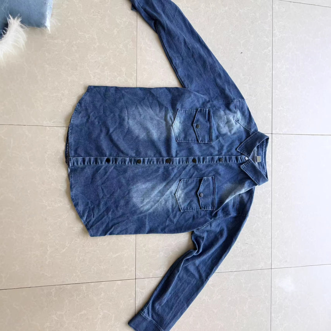 Herren nan oversized Denim-Hemdenjacke mit geschwungenem Saum und aufgesetzten Pattentaschen Drune