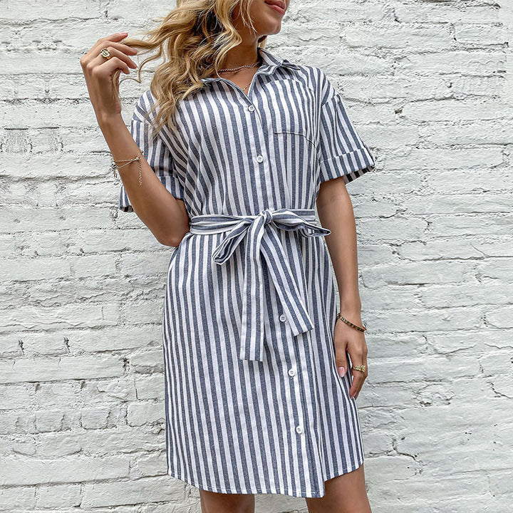 Damen Hemdblusenkleid mit Gürtel und dekorativem Streifenmuster Drune