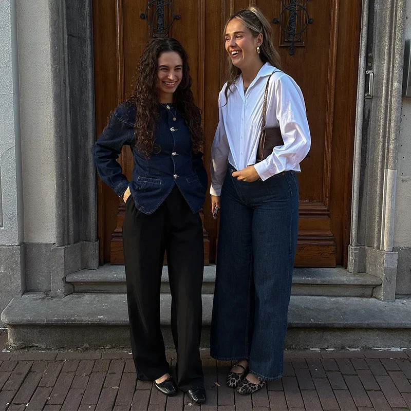 Damen Elegante Jeansjacke mit goldenen Knöpfen und tailliertem Schnitt Drune
