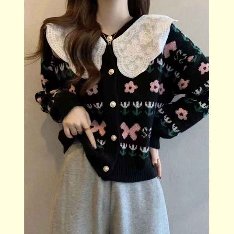 Damen Strickjacke mit floralen Mustern und großem Kragen Drune