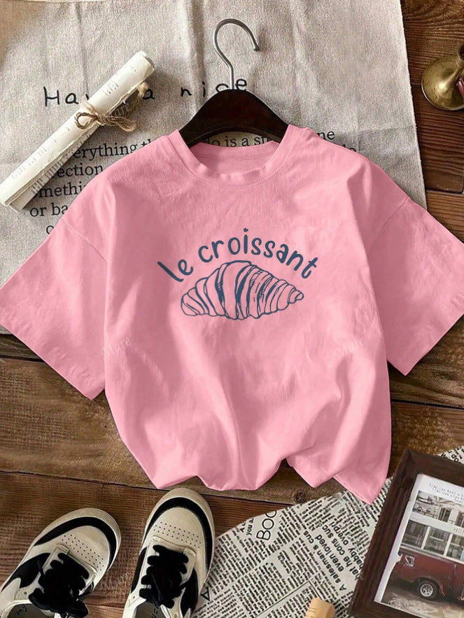 Damen Casual Grafik T-Shirt mit Croissant Design Drune