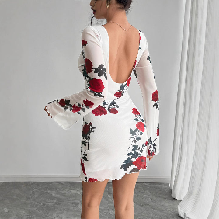 Damen nan figurbetontes Minikleid mit Rosenmuster und Trompetenärmeln Drune