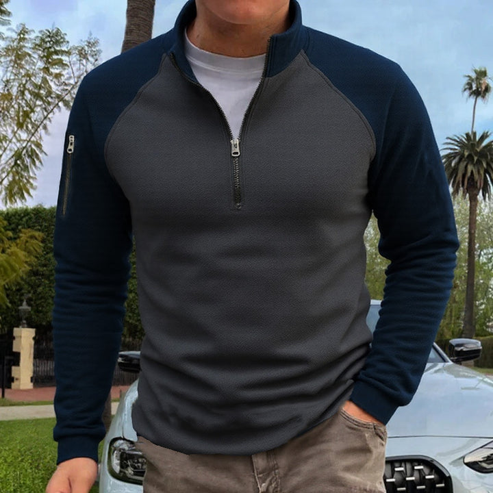 Herren slimfit Halbzip-Pullover mit Raglanärmeln, Waffelstruktur und Ärmeltasche Drune