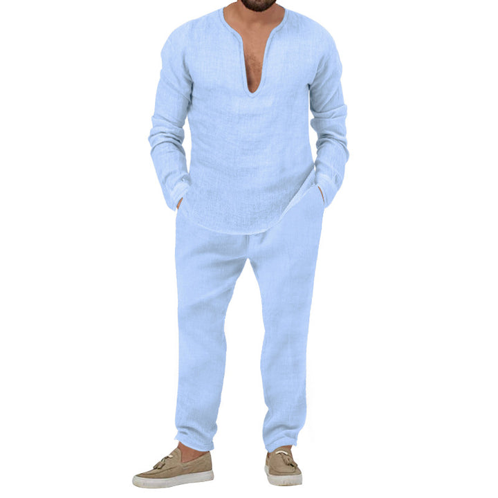Herren lässiges Leinen-Outfit mit tiefem V-Ausschnitt und elastischem Bund Drune