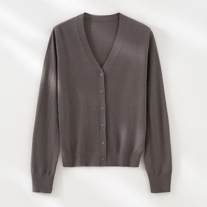 Damen Minimalistischer Merino‑Blend Cardigan mit V‑Ausschnitt und feinen Rippabschlüssen Drune