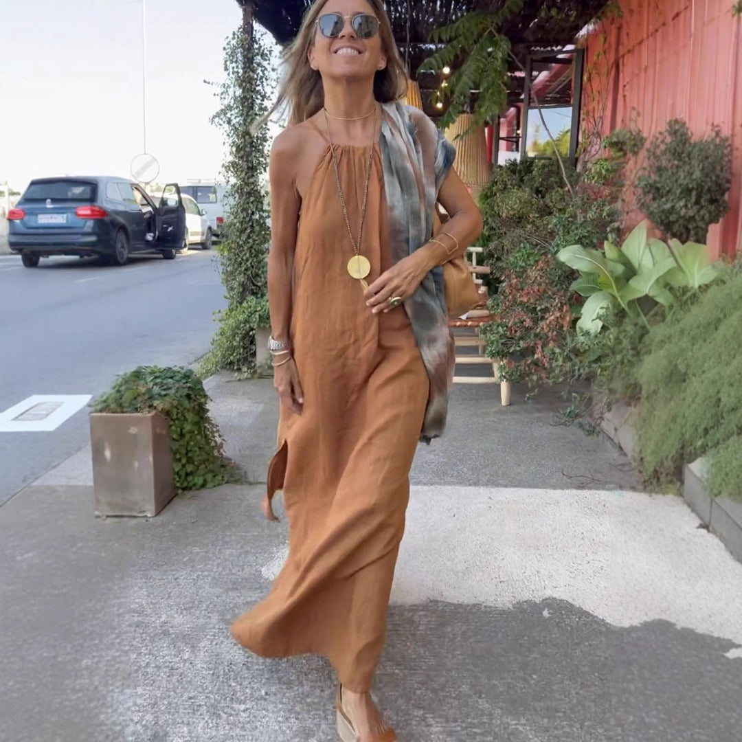 Damen Langes Leinenkleid mit schulterfreier Trägerkonstruktion und flirtendem Schlitz Drune