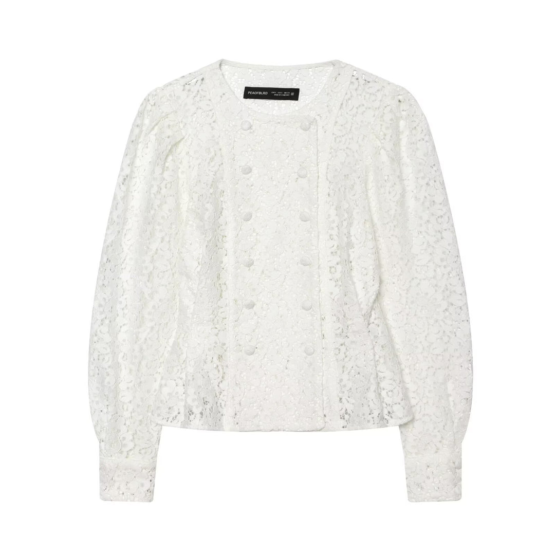 Damen Spitzenjacke mit zarter Blumen-Spitze, dekorativer Knopfleiste und ballonärmeln Drune