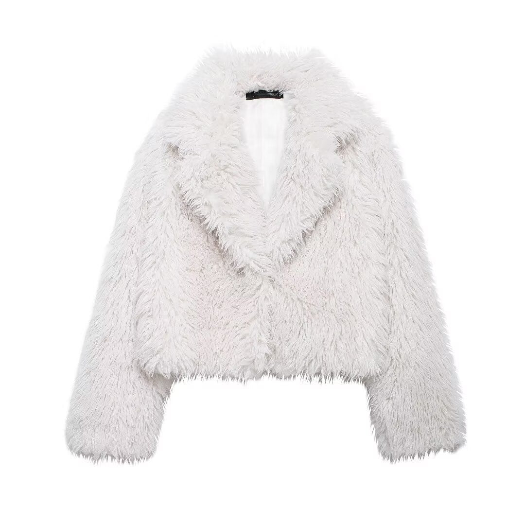 Damen Kurze Boxy-Plüschjacke im Shaggy-Look mit fallendem Revers Drune