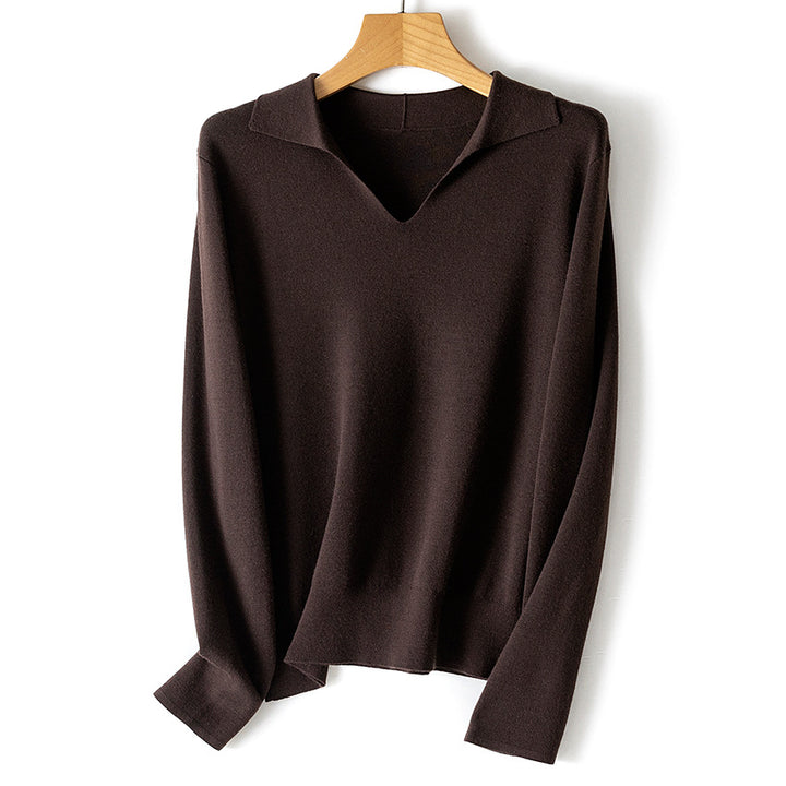 Damen feiner leichter V-Ausschnitt-Pullover mit offenem Hemdkragen und legerer Silhouette Drune