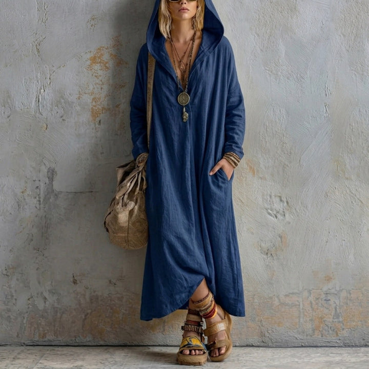 Damen Langes Kapuzenkleid im Boho-Look mit V-Ausschnitt, Eingrifftaschen und lockerem Fall Drune