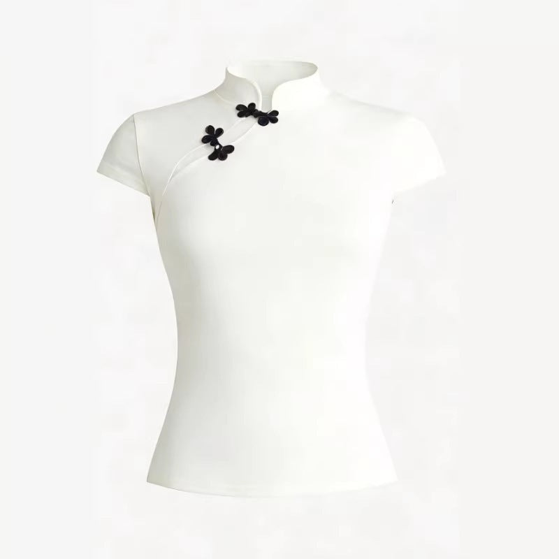Damen Chinesisch inspirierte Bluse mit modernem Stehkragen und floralen Details Drune