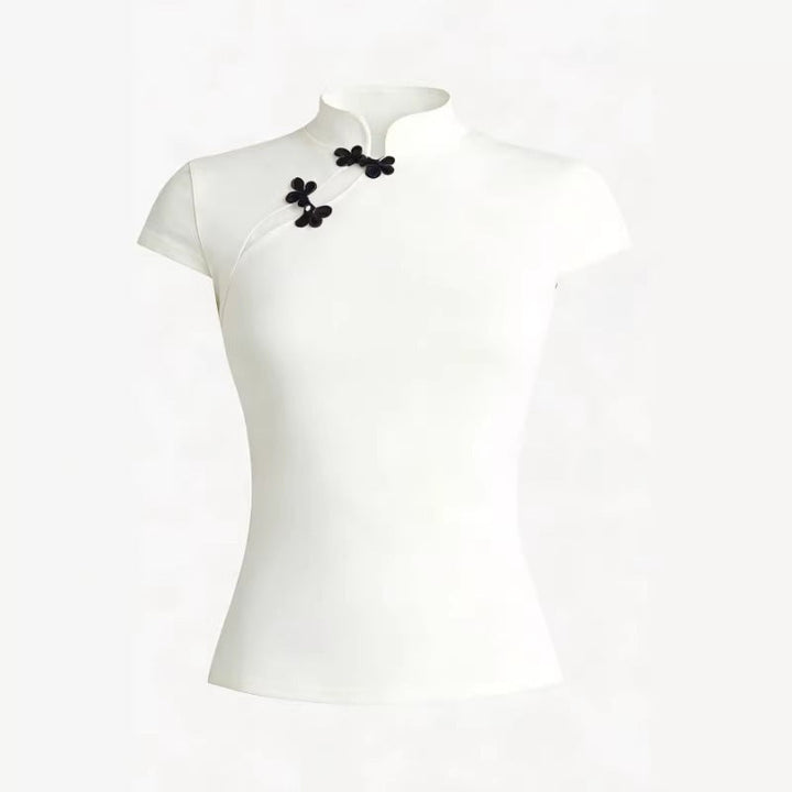 Damen Chinesisch inspirierte Bluse mit modernem Stehkragen und floralen Details Drune