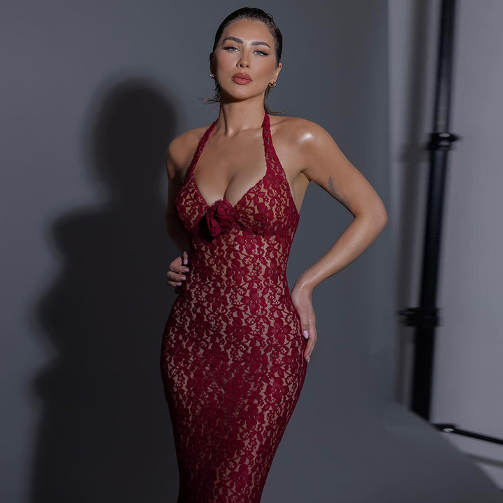 Damen Elegantes Spitzenkleid mit Langärmeln und Blumenapplikationen Drune