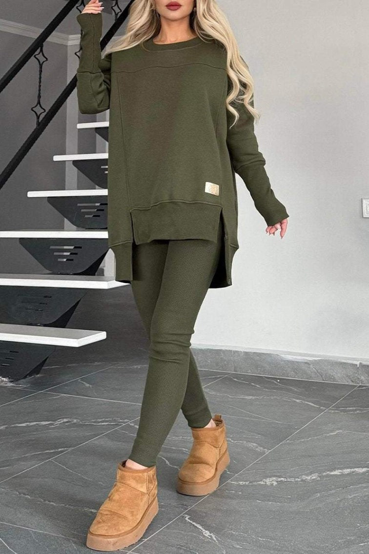 Damen Lässiges Langarm Sweatshirt-Set mit asymmetrischem Schnitt und praktischen Taschen Drune