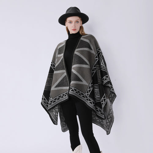 Damen Geometrischer Wollmix-Überwurfponcho mit Kettelkante Drune