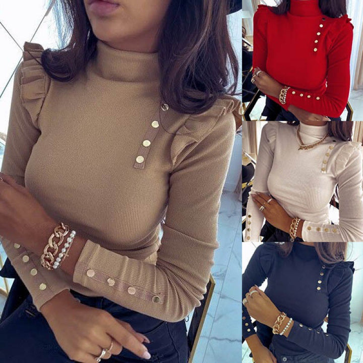 Damen Gerippter Rollkragenpullover mit Rüschenschultern und Zierknöpfen Drune