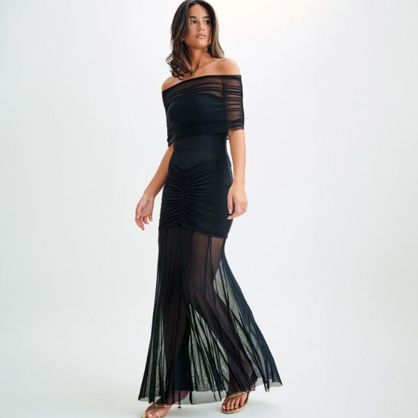 Damen Elegantes Maxi-Kleid mit schulterfreiem Design und Raffungen Drune