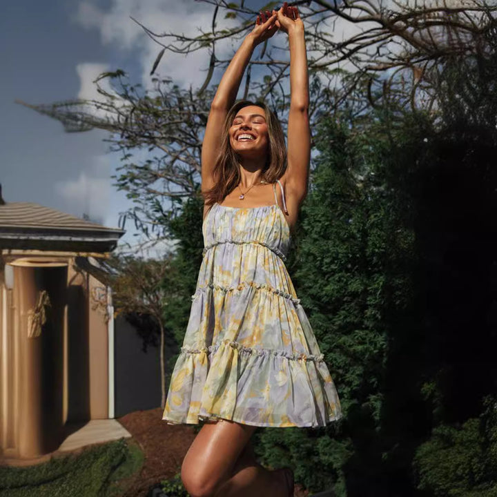 Damen luftiges Sommerkleid mit zarten Rüschen und Spaghetti-Trägern Drune