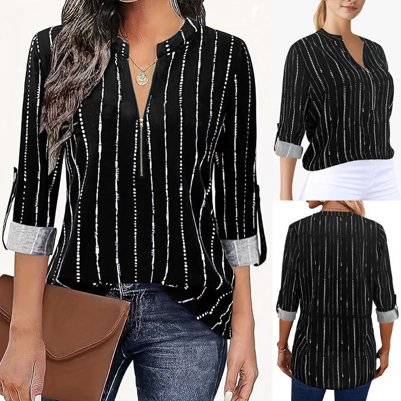 Damen Leichte Viskose-Bluse mit Stehkragen, Reißverschluss und vertikalem Punktstreifen Drune