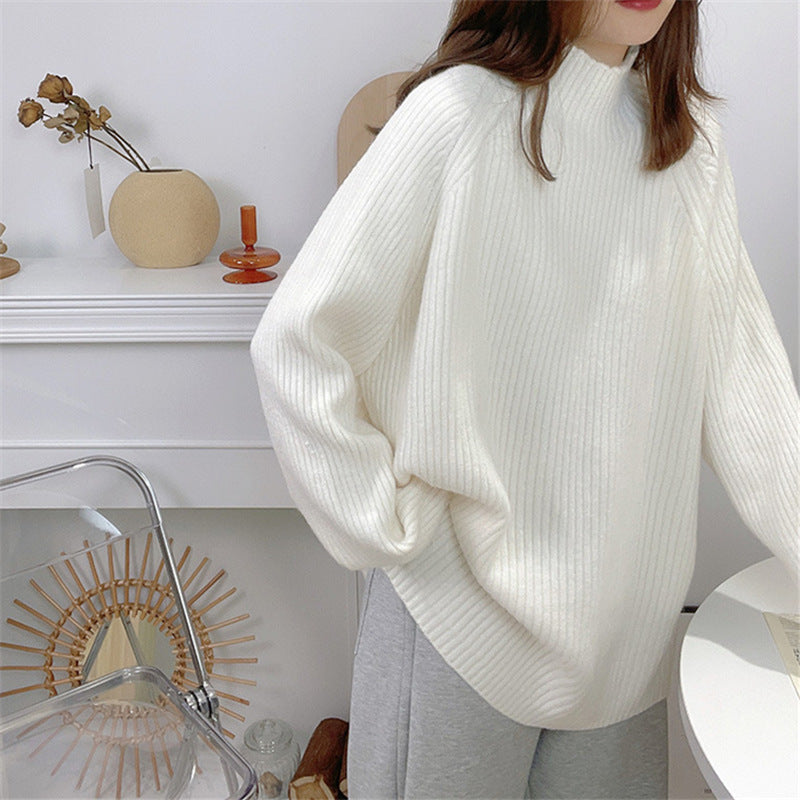 Damen Oversized Strickpullover mit hohem Kragen und feiner Rippstruktur Drune