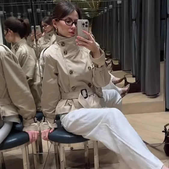 Damen Eleganter Kurz-Trenchcoat mit doppelter Knopfleiste und Taillengürtel Drune