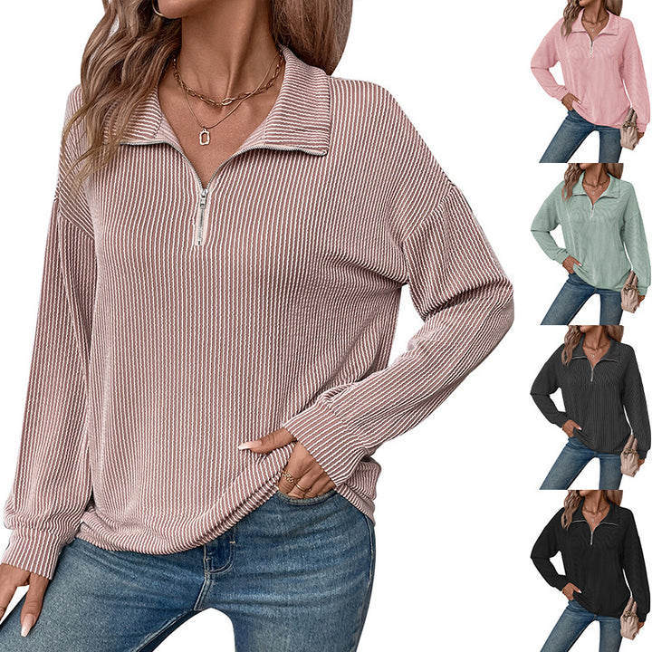 Damen lässiger Pullover mit Reißverschluss und gestreiftem Design Drune