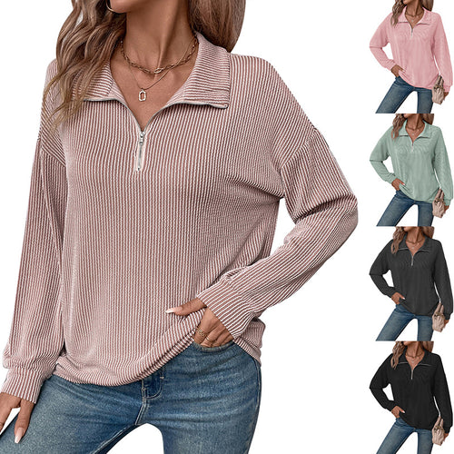 Damen lässiger Pullover mit Reißverschluss und gestreiftem Design Drune