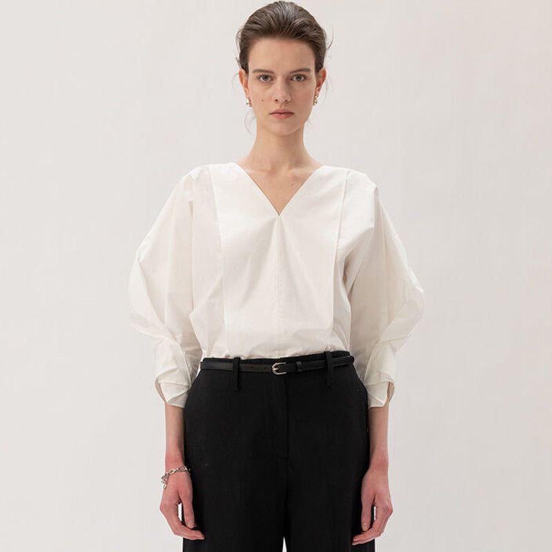 Damen modische Bluse mit voluminösen Ärmeln und v-förmigem Ausschnitt Drune