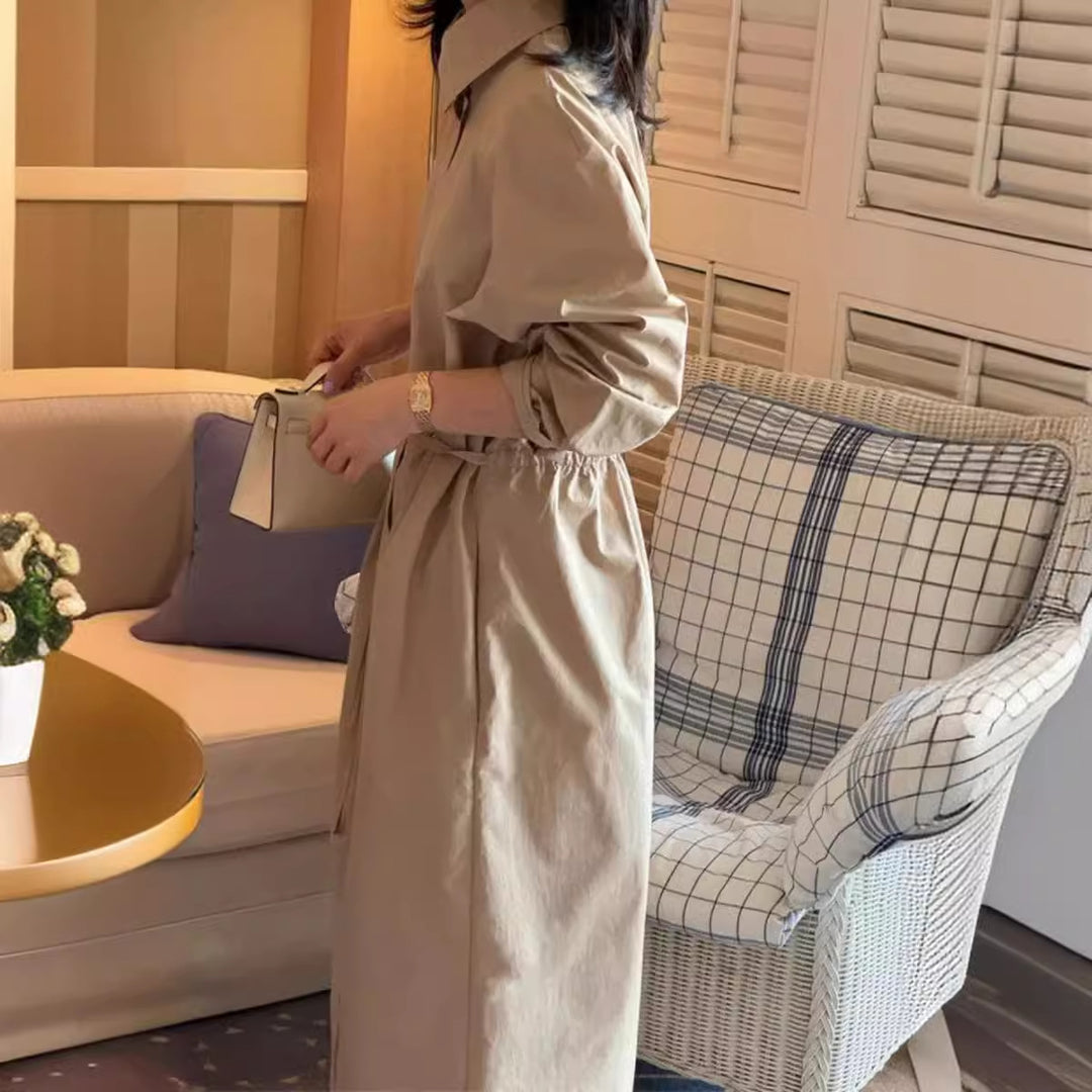 Damen Langärmeliges Hemdblusen-Maxikleid mit Taillengürtel und Eingrifftaschen Drune