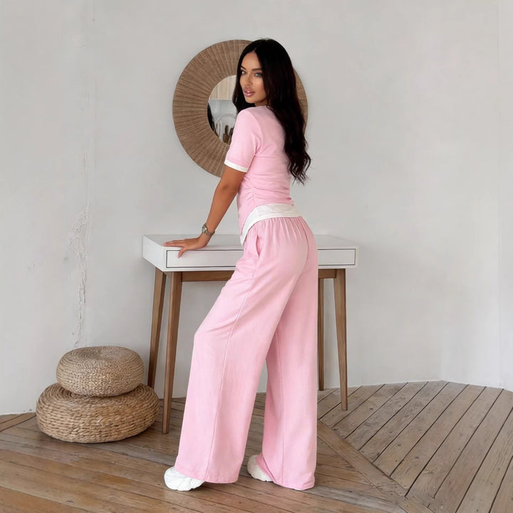 Damen elegantes Set aus Kurzarmshirt und weit geschnittenen Hosen Drune
