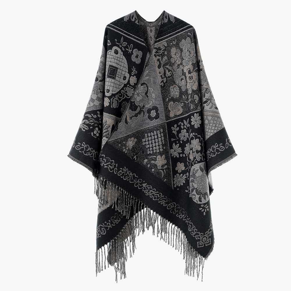 Damen Jacquard‑Gewebter Fransenponcho im Tapisserie‑Look Drune
