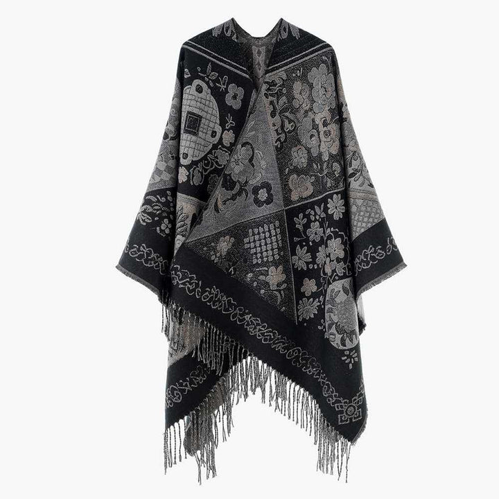 Damen Jacquard‑Gewebter Fransenponcho im Tapisserie‑Look Drune