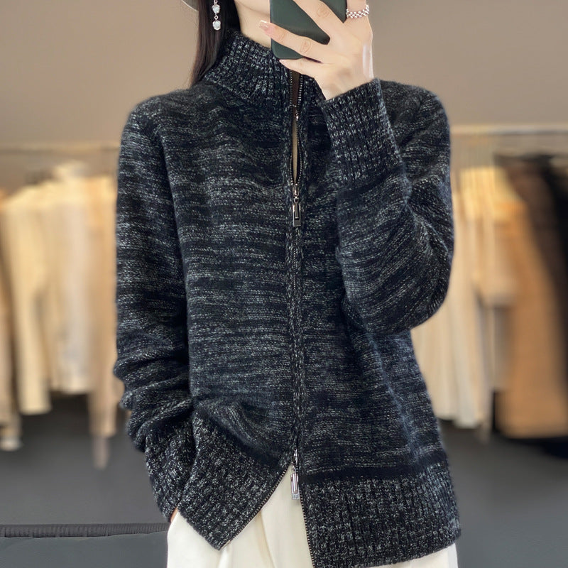 Damen Reißverschluss‑Strickjacke mit melierter Struktur und Stehkragen Drune