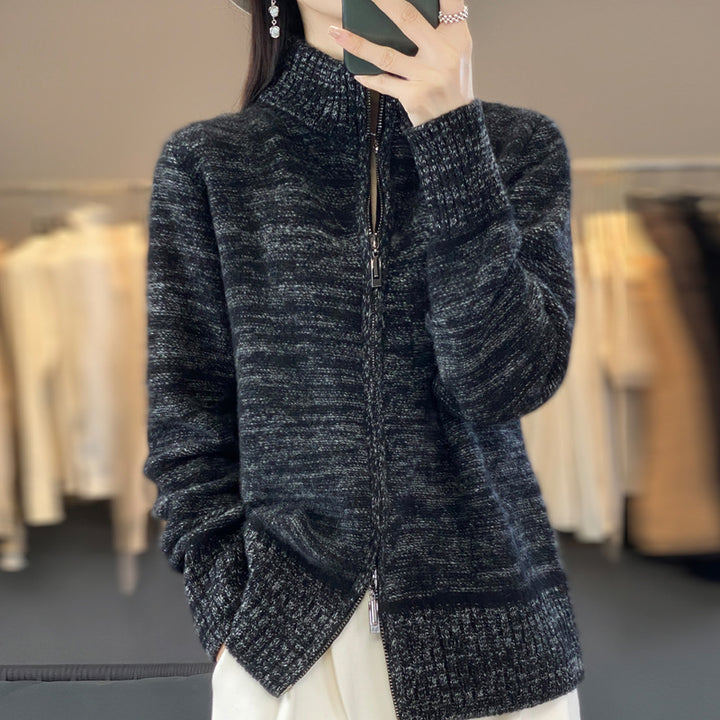 Damen Reißverschluss‑Strickjacke mit melierter Struktur und Stehkragen Drune