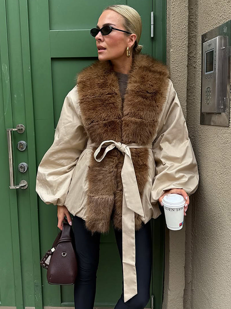 Damen modische Übergangsjacke mit voluminösen Ärmeln und luxuriösem Kunstpelzkragen Drune