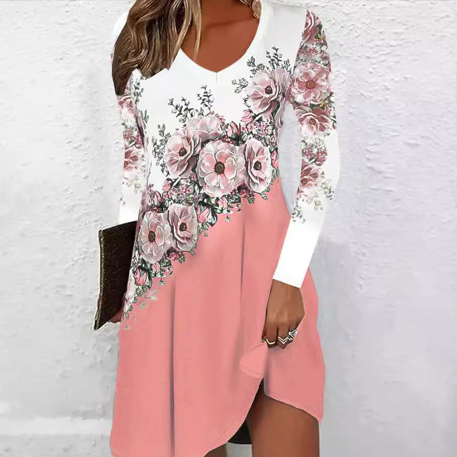 Damen Vokuhila-Kleid mit V-Ausschnitt, langen Ärmeln, floraler Diagonal-Print und seitlichem Schlitz Drune