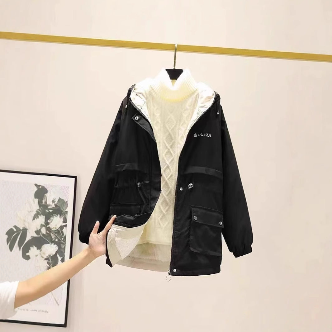 Damen gefütterte Parka-Jacke mit Kapuze und verstellbarem Taillenzug Drune