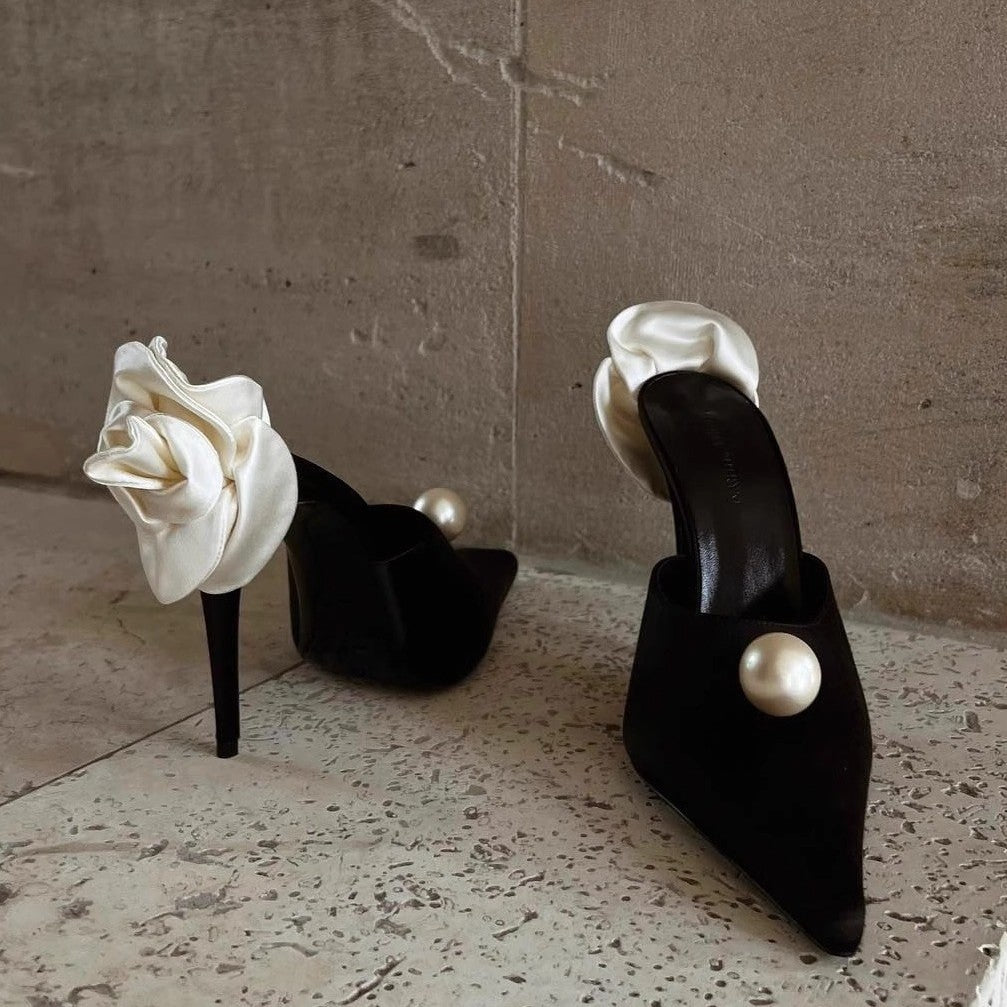 Damen spitze Satin-Flower Stiletto-Mules mit Perlenapplikation Drune