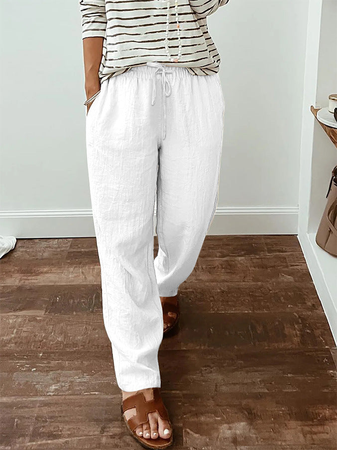 Leichte Damen-Leinenoptik-Hose mit elastischem Kordelzug, Fronttaschen und weitem Bein Drune