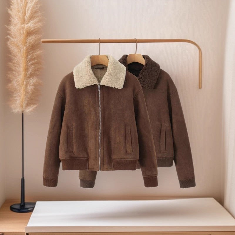 Damen Kurz geschnittene Teddy-gefütterte Wildlederoptik-Fliegerjacke mit Reißverschluss Drune