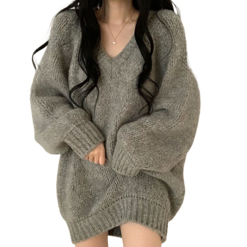 Damen lässiger oversized Pullover mit tiefem V-Ausschnitt und weichem Strickmaterial Drune