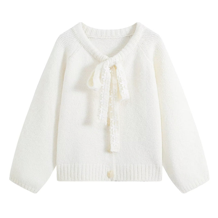 Damen Flauschige Strickjacke mit Spitzenband-Bindung Drune