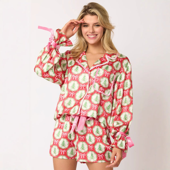 Damen nan verspieltes zweiteiliges Pyjama-Set mit Volantärmeln, Kordelzug und Brusttasche Drune