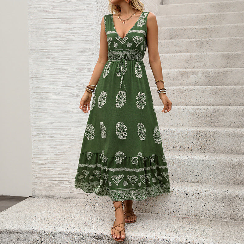 Damen Maxikleid mit V-Ausschnitt, tailliertem Bindegürtel und gestuftem Volant Saum Drune